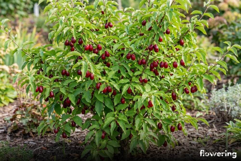 Dereń jadalny 'Elegantnyj' w donicy z czerwonymi, butelkowatymi owocami