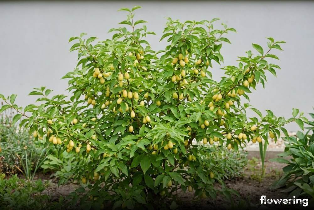 Dereń jadalny 'Flava' w donicy z licznymi jasnożółtymi owocami