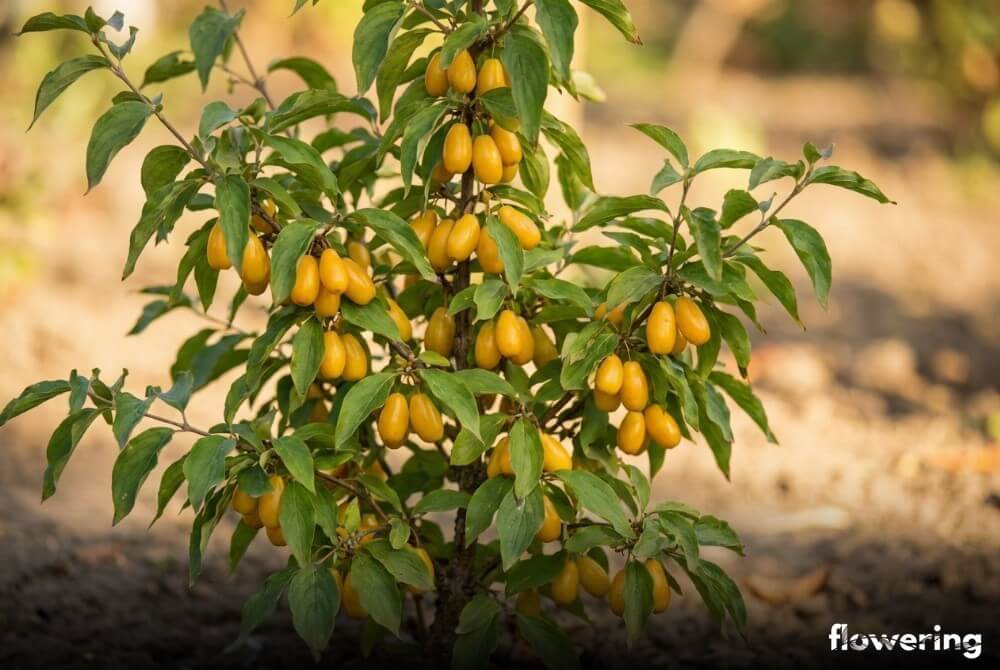 Dereń jadalny 'Jantarnyj' w donicy z bursztynowo-żółtymi owocami