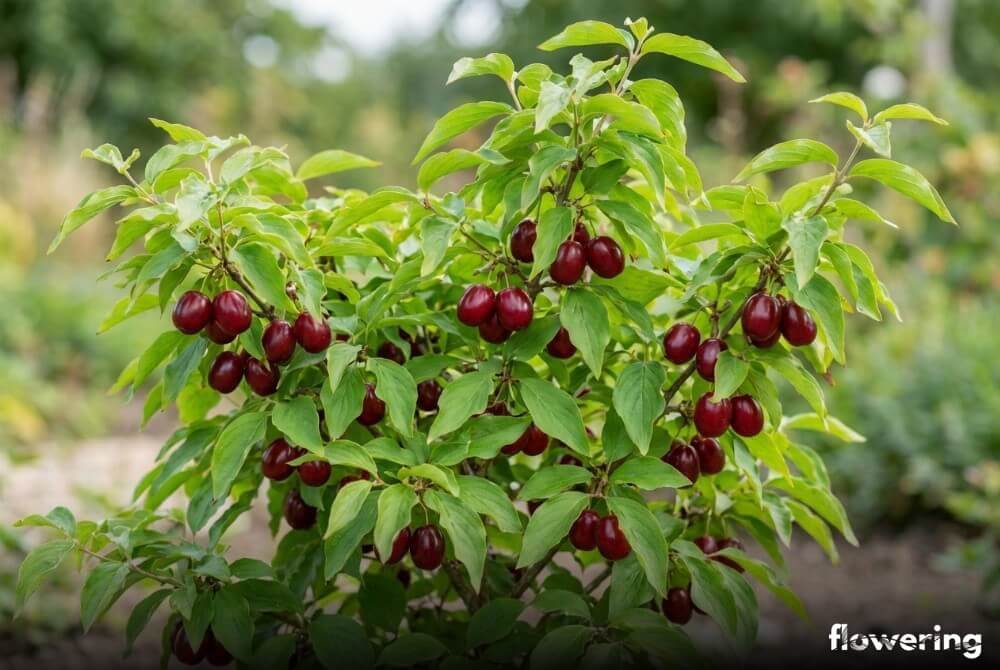 Dereń jadalny 'Jolico' w donicy z bardzo dużymi ciemnoczerwonymi owocami