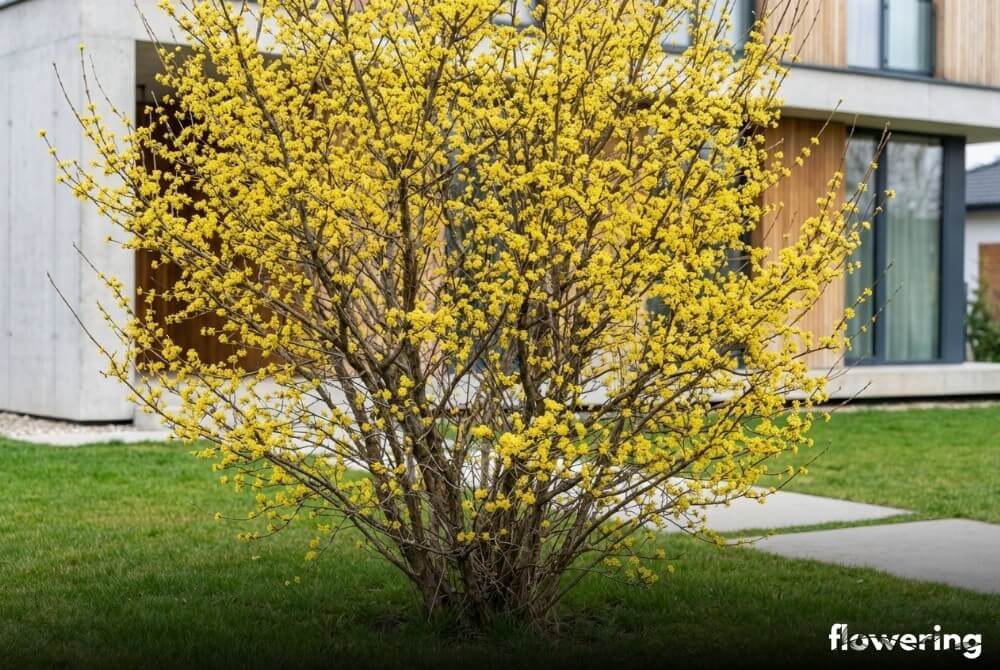 Dereń jadalny jako soliter na wiosennym trawniku przy domu, gałęzie obsypane żółtymi kwiatami