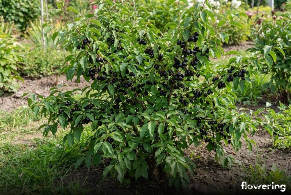 Dereń jadalny 'Szafer' w donicy z bardzo ciemnymi, prawie czarnymi owocami