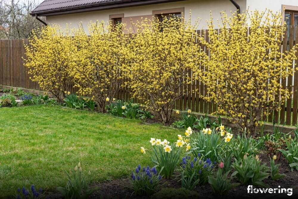 Wiosenny żywopłot z derenia jadalnego wzdłuż ogrodzenia w ogrodzie przy domu, krzewy pełne żółtych kwiatów