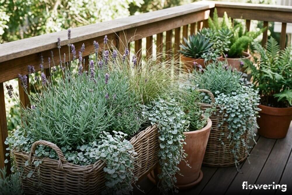 Balkonowa kompozycja boho z lawendą, trawami ozdobnymi i zwisającą dichondrą w wiklinowych koszach