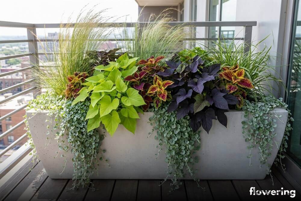 Nowoczesna donica balkonowa z koleusami, wilcem, trawami ozdobnymi i srebrzystą dichondrą
