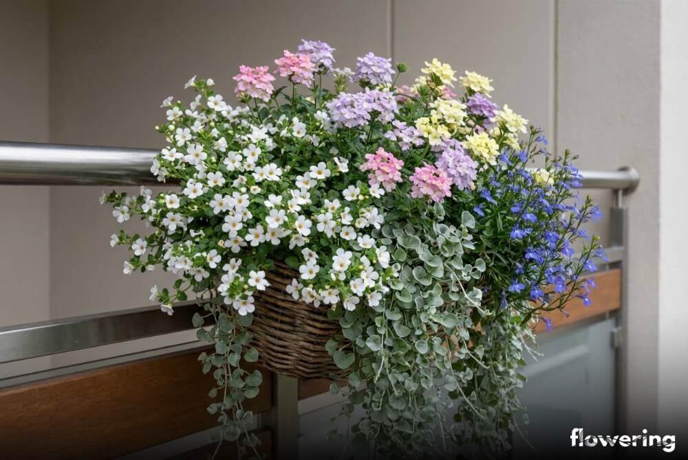 Wisząca ampelowa donica z lobelią, bakopą, werbeną i srebrzystą dichondrą na balkonie