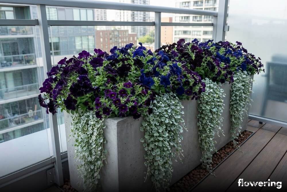 Duża donica balkonowa z surfiniami, petuniami, Million Bells i zwisającą dichondrą
