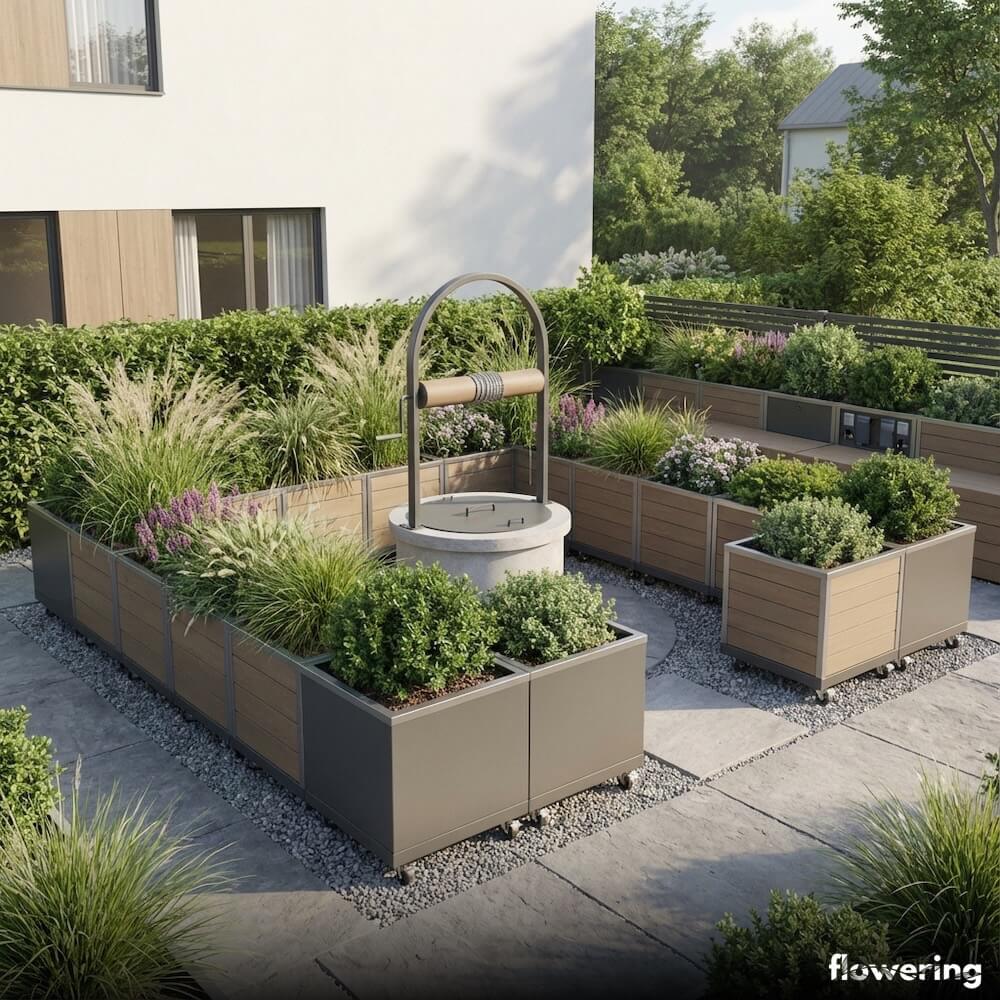 Studnia ogrodowa zasłonięta zestawem mobilnych donic ustawionych w kształcie litery U i sąsiadującą podwyższoną rabatą z klapami technicznymi, w nowoczesnym ogrodzie