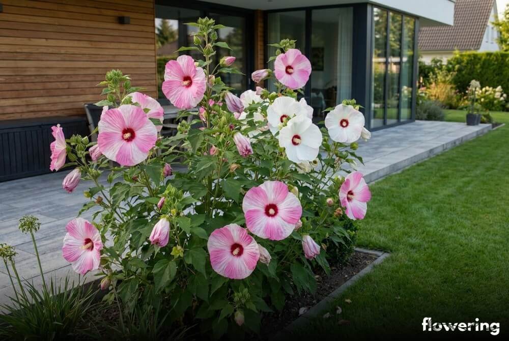 Hibiskus bagienny z ogromnymi talerzowatymi kwiatami rosnący na rabacie przy tarasie domu