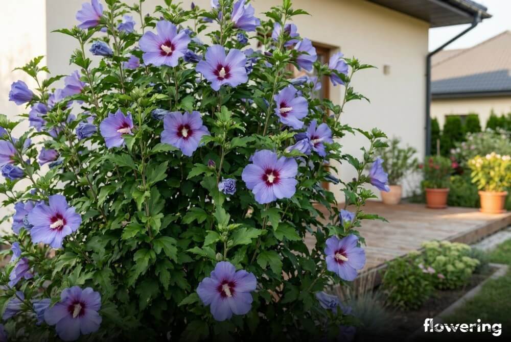 Ketmia syryjska 'Blue Bird' o fioletowo-niebieskich kwiatach z ciemnym środkiem rosnąca przy ścianie domu
