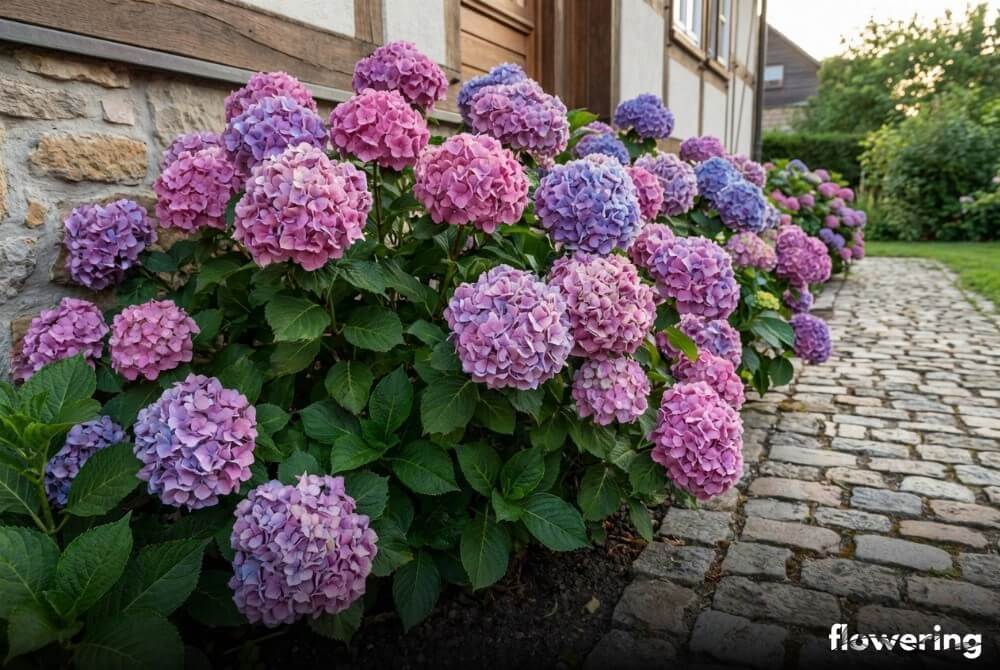 Hortensja ogrodowa 'Endless Summer BloomStar' o czerwonych pędach i ciężkich kwiatostanach przy ścieżce obok domu