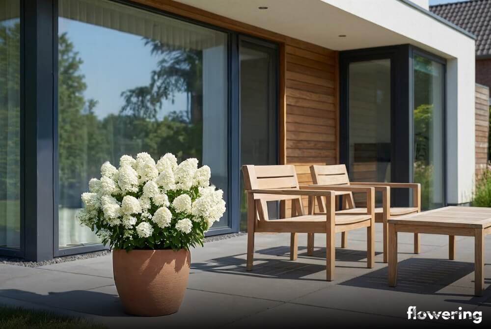 Miniaturowa hortensja bukietowa 'Bobo' o bardzo obfitych białych kwiatostanach w donicy na tarasie