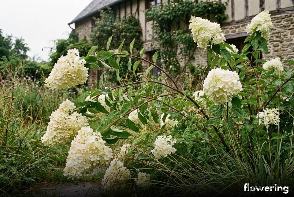 Hortensja bukietowa 'Grandiflora' o kremowych kwiatostanach na lekko pokładających się pędach w naturalistycznym ogrodzie przy domu