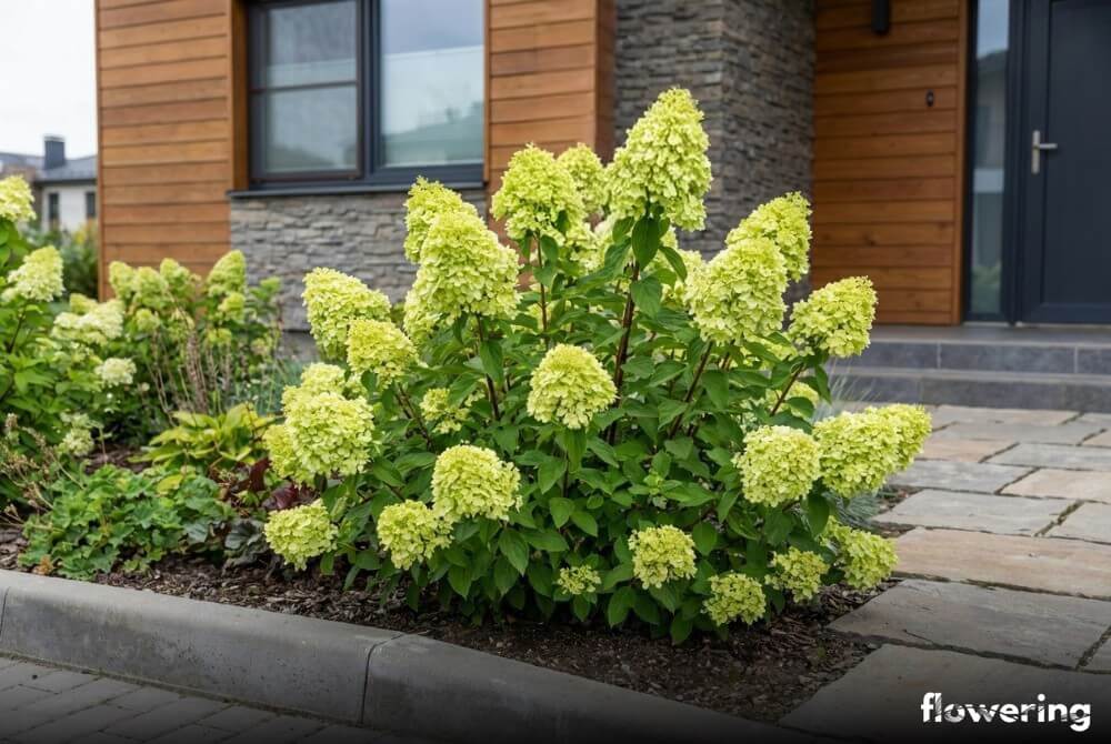 Hortensja bukietowa 'Little Lime' o limonkowych kwiatostanach na sztywnych pędach w małej rabacie przy domu
