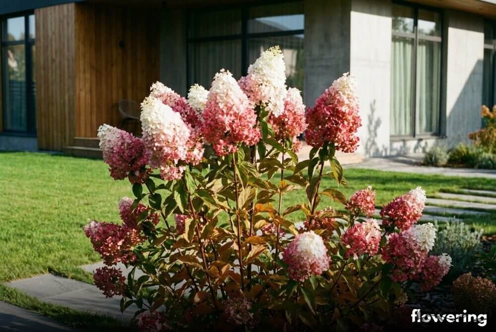 Hortensja bukietowa 'Pinky Winky' o dwukolorowych białoróżowych kwiatostanach przy domu