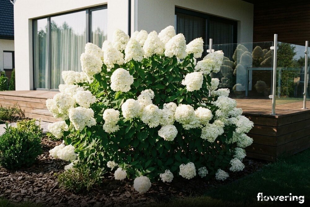 Hortensja bukietowa 'Polar Bear' z ogromnymi, gęstymi białymi kwiatostanami na rabacie przy domu