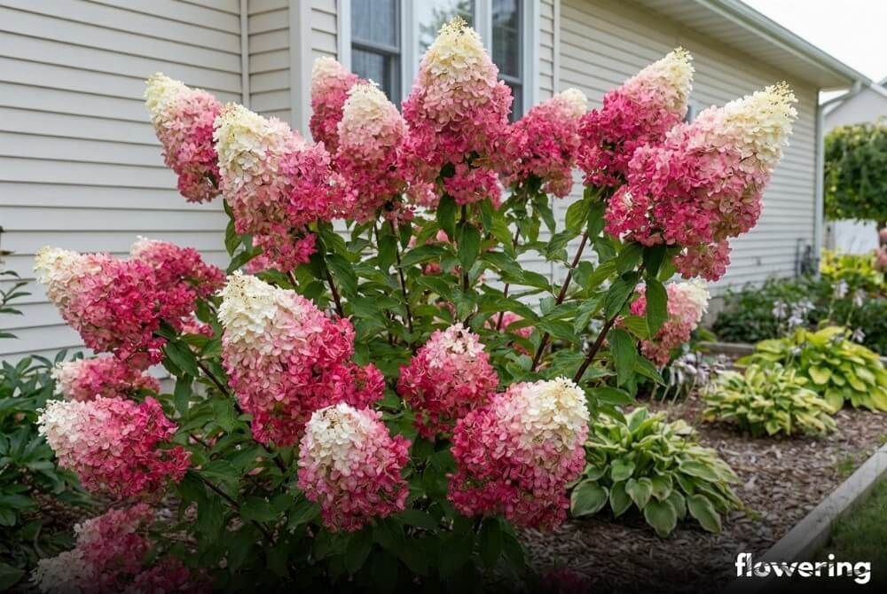 Hortensja bukietowa 'Vanille Fraise' z dużymi kwiatostanami bielejącymi i różowiejącymi przy ścianie domu