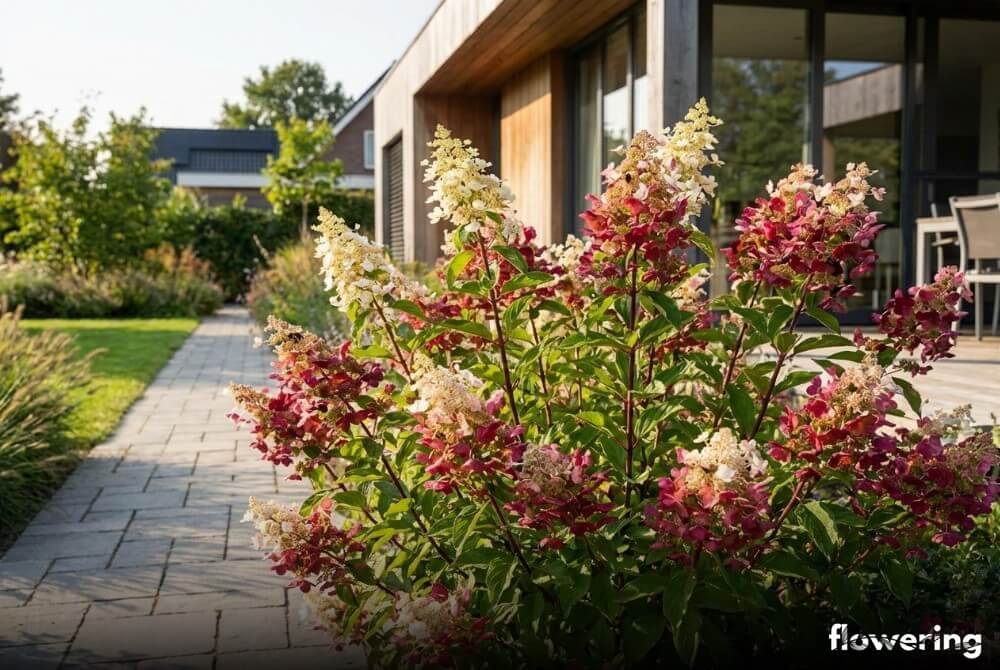 Hortensja bukietowa 'Wim's Red' o ażurowych kwiatostanach przebarwiających się na ciemne bordo przy tarasie domu