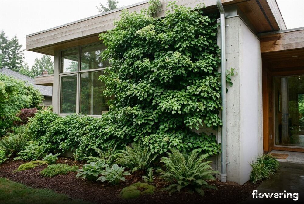 Hortensja pnąca porastająca zacienioną północną ścianę domu jednorodzinnego