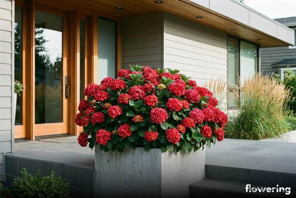 Hortensja ogrodowa 'Forever&Ever Red' o intensywnie czerwonych kwiatach rosnąca w donicy przy wejściu do domu