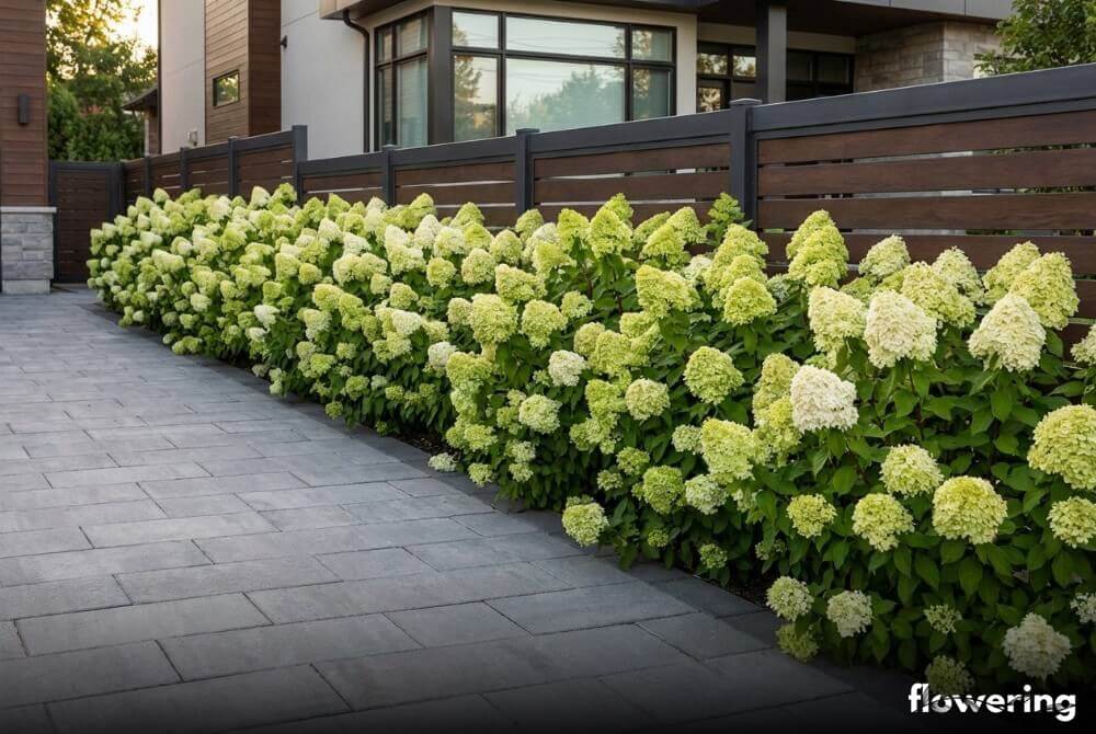 Szpaler hortensji bukietowych 'Limelight' o limonkowo-białych kwiatostanach wzdłuż podjazdu do domu