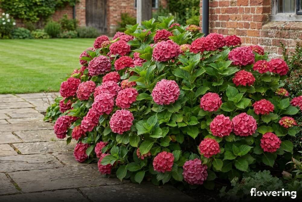 Hortensja ogrodowa 'Masja' z dużymi ciemnoróżowymi lub czerwonymi kwiatostanami przy ścieżce obok domu