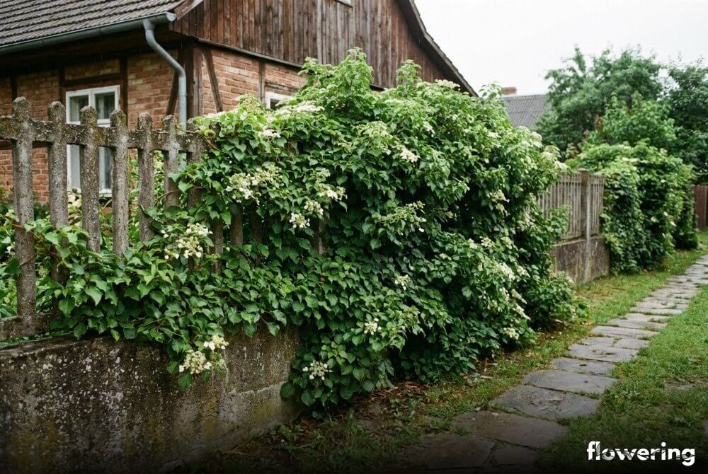 Hortensja pnąca zakrywająca betonowy płot i murek przy ogrodzie domu
