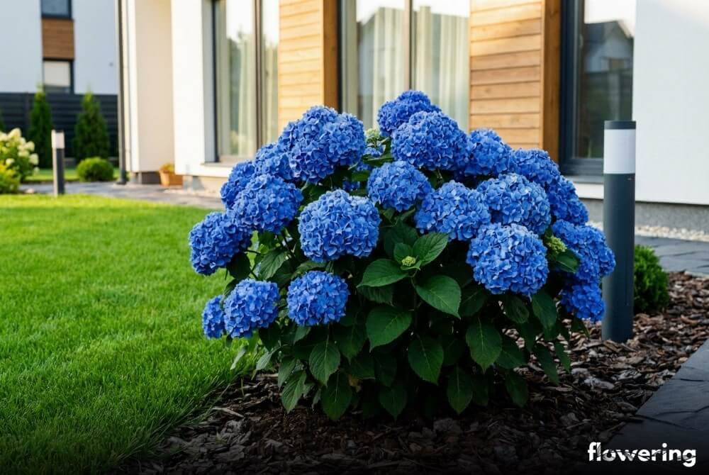 Hortensja ogrodowa 'Nikko Blue' o lazurowoniebieskich kwiatostanach rosnąca przy ścianie domu