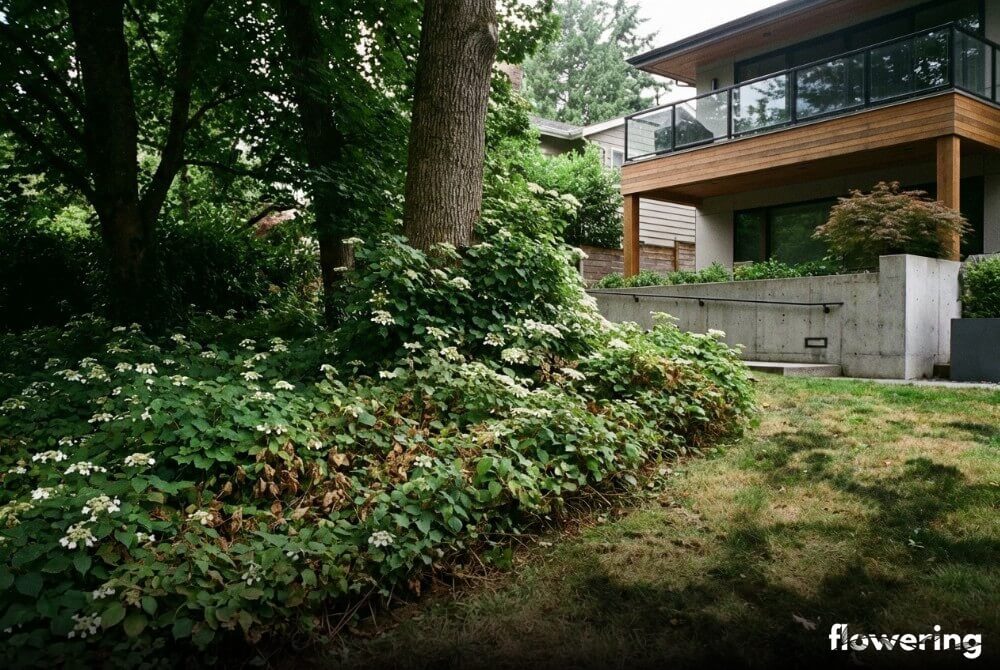 Hortensja pnąca tworząca gęsty dywan okrywowy pod dużymi drzewami w cieniu