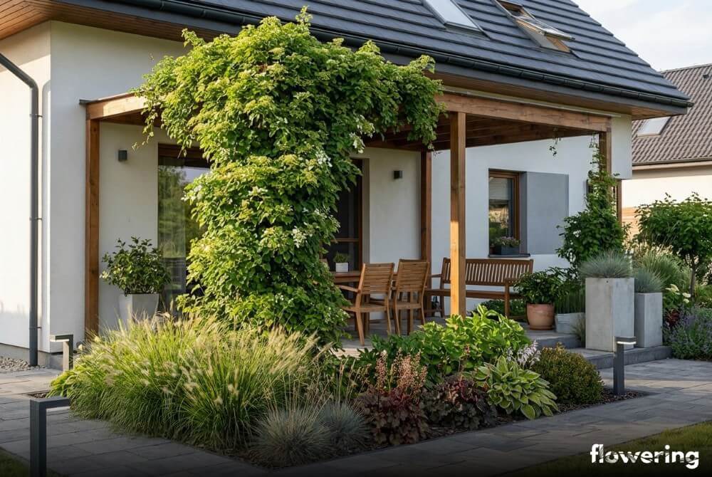 Hortensja pnąca tworząca zielone zadaszenie na pergoli przy tarasie domu
