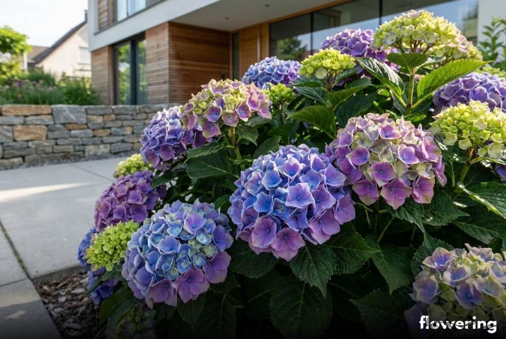 Hortensja ogrodowa 'Schloss Wackerbarth' o trójkolorowych kwiatostanach w rabacie przy domu