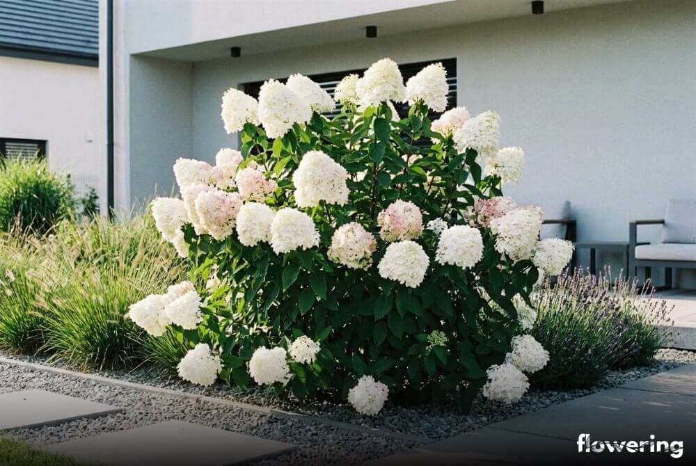 Hortensja ogrodowa 'Endless Summer The Bride' o białych, lekko różowiejących kwiatach w nowoczesnym ogrodzie przy domu