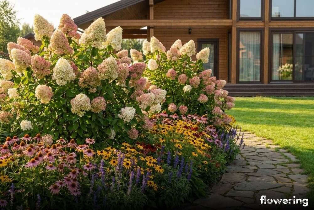 Hortensje bukietowe w duecie z jeżówkami, rudbekiami i szałwią omszoną w ogrodzie przy domu