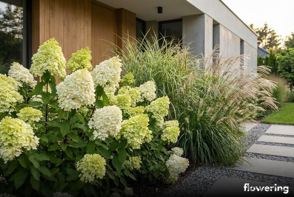 Hortensje bukietowe w kompozycji z miskantami i rozplenicami japońskimi na nowoczesnej rabacie przy domu