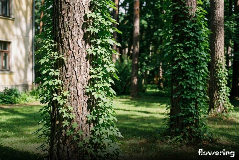 Hortensja pnąca wspinająca się po pniach starych drzew w ogrodzie przy domu