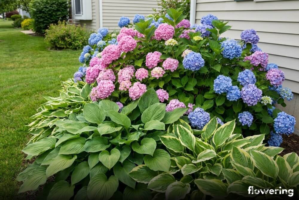 Hortensje ogrodowe z dużymi liśćmi funkii tworzące piętrową kompozycję przy domu