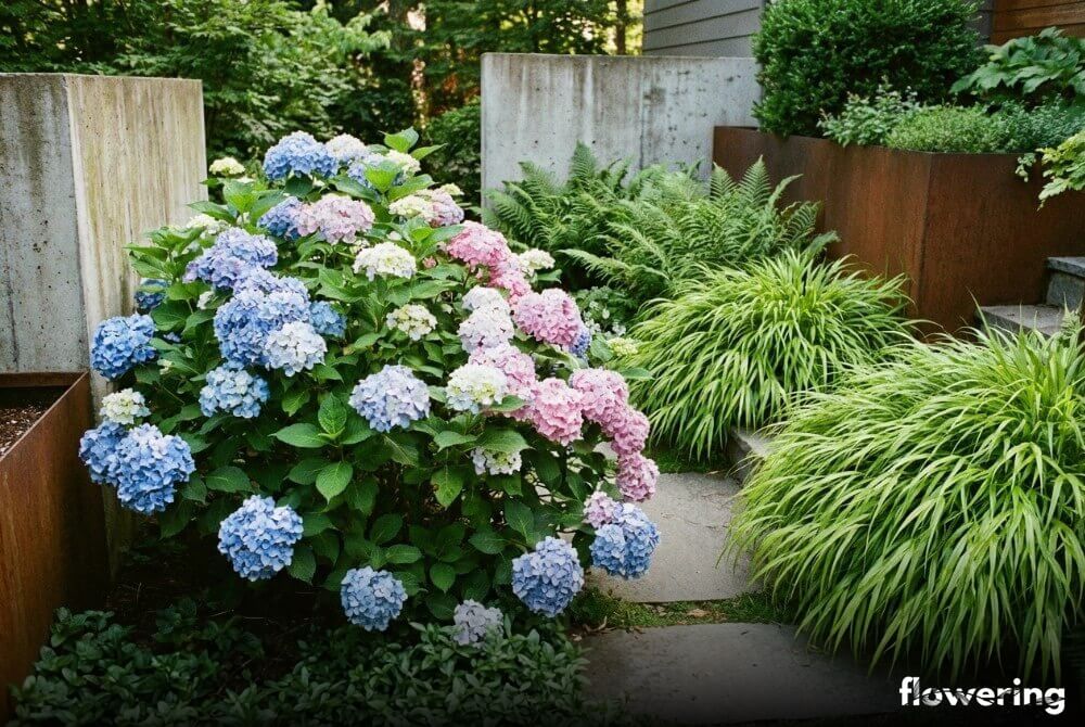 Hortensje ogrodowe w aranżacji z paprociami i trawami ozdobnymi hakonechloa przy ścieżce obok domu