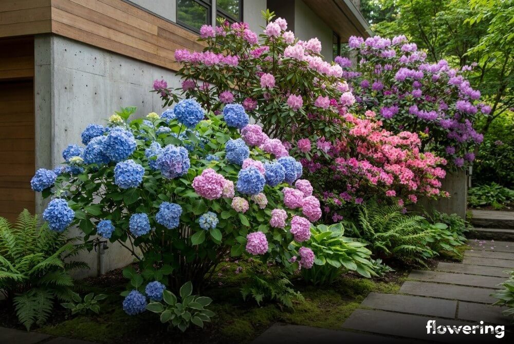 Hortensje ogrodowe w kompozycji z rododendronami i azaliami na cienistej rabacie przy domu