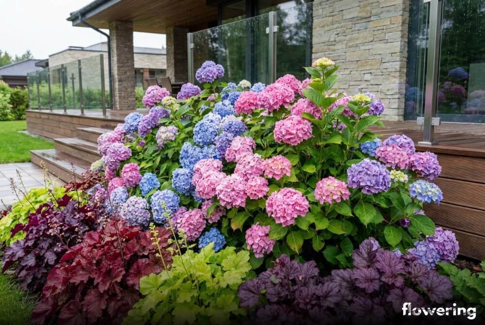 Hortensje ogrodowe w kompozycji z kolorowymi żurawkami na rabacie przy tarasie domu