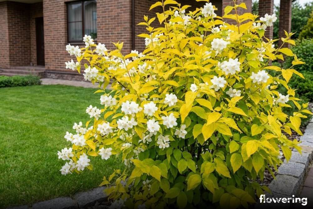 Jaśminowiec wonny 'Aureus' jako złocistoliści krzew z białymi kwiatami przy domu