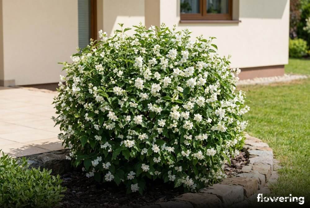 Jaśminowiec wonny 'Biały Karzeł' jako niski, kulisty krzew obficie kwitnący przy tarasie domu