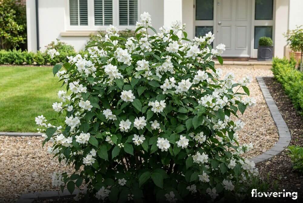 Jaśminowiec wonny 'Dame Blanche' jako niski krzew z półpełnymi białymi kwiatami i ciemnymi liśćmi przy wejściu do domu