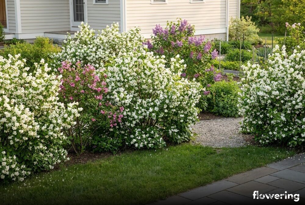Luźny szpaler jaśminowca wonnego z krzewuszką i lilakami oddzielający strefy ogrodu przy domu