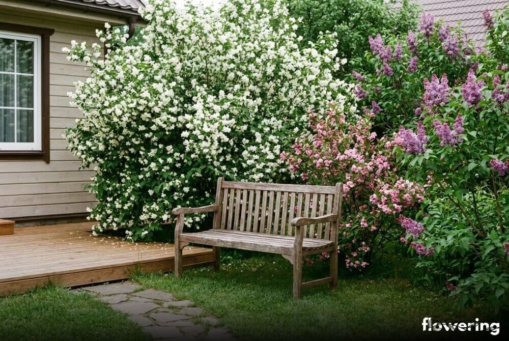Jaśminowiec wonny przy tarasie z krzewuszką i lilakami w romantycznej kompozycji ogrodowej
