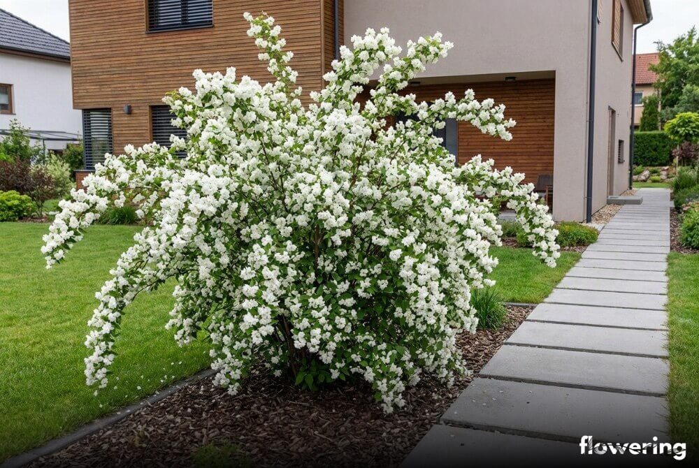 Jaśminowiec wonny 'Schneesturm' z przewieszającymi się pędami pełnymi białych kwiatów przy domu