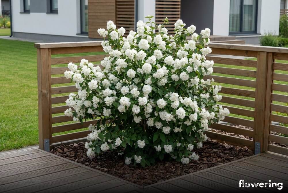 Jaśminowiec wonny 'Snowbelle' jako niski krzew z pełnymi pomponiastymi kwiatami przy domu