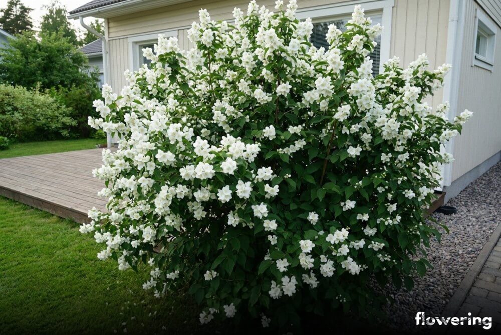 Jaśminowiec wonny 'Virginal' jako wysoki krzew z pełnymi białymi kwiatami przy domu