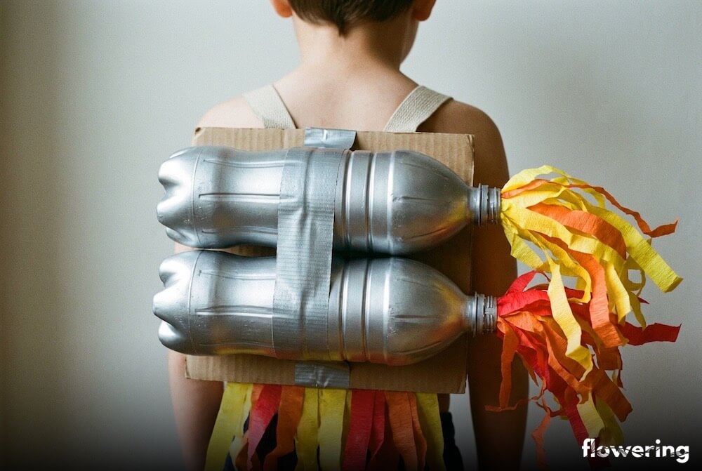 Plecak odrzutowy z dwóch srebrnych butelek PET z „płomieniami” z bibuły, ujęcie z bliska na plecach dziecka