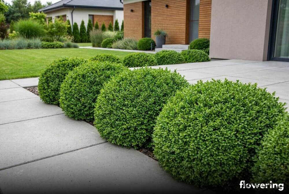 Kalina koralowa 'Nanum' jako niska, gęsta obwódka przy ścieżce w ogrodzie przy domu