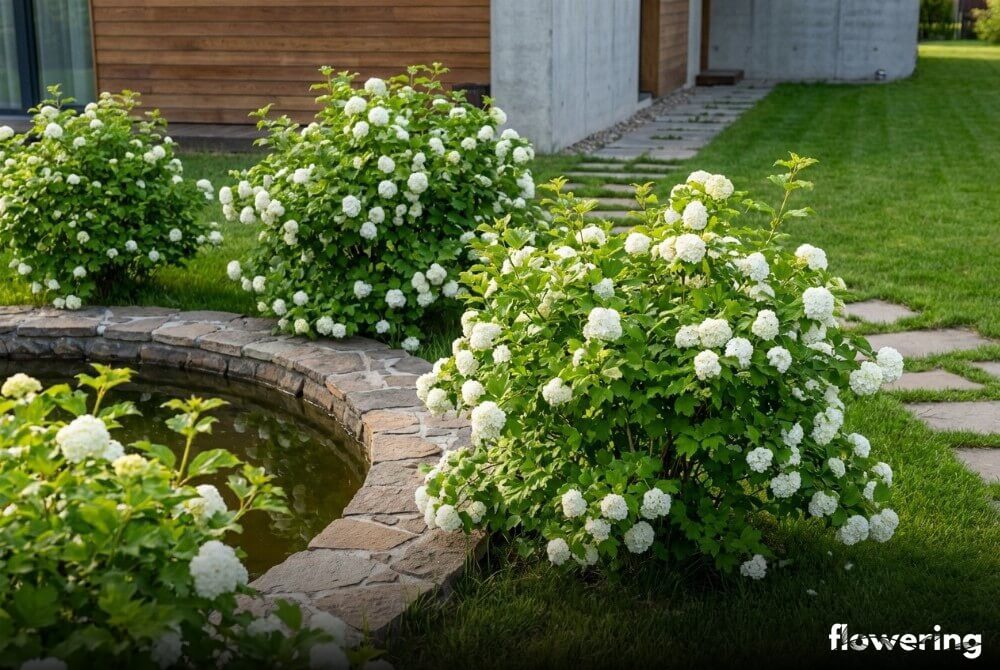 Kalina koralowa posadzona wzdłuż brzegu oczka wodnego w ogrodzie przy domu